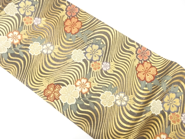 JAPANESE KIMONO / FUKURO OBI FOR FURISODE / SILK / WOVEN STREAM & SAKURA